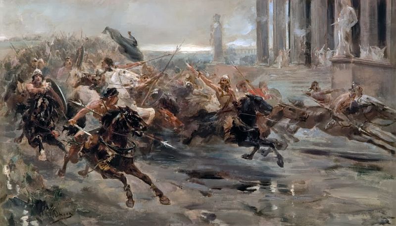 Już samo pojawienie się Hunów powodowało panikę wśród ich wrogów. Na ilustracji obraz Ulpiano Checa "Hunowie zbliżający się do Rzymu" (domena publiczna).