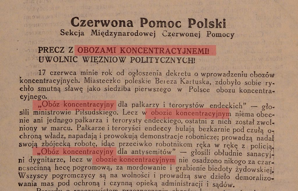 Fragment artykułu z pisma komunistycznego Czerwona Pomoc z zaznaczonymi przypadkami określenia Berezy Kartuskiej jako obozu koncentracyjnego.
