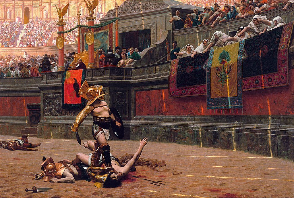 Rzymianie kochali oglądać walczących gladiatorów. W 27 roku tysiące z nich przypłaciły to życiem (Jean-Léon Gérôme.domena publiczna).