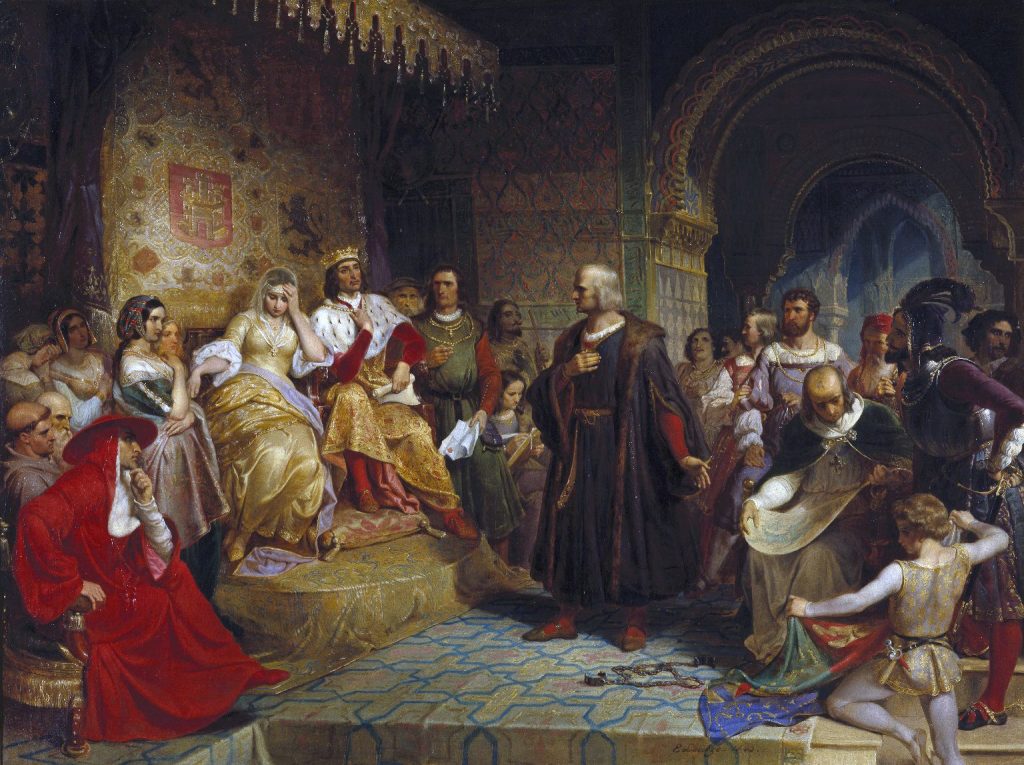 Krzysztof Kolumb przed obliczem Izabeli Kastylijskiej oraz Ferdynanda Aragońskiego (Gottlieb Leutze/domena publiczna).