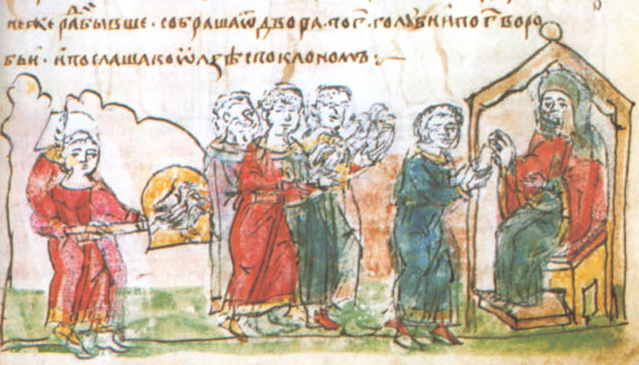 Sceny zemsty na Drewlanach na kartach tak zwanego Latopisu Radziwiłłowskiego. Scena czwarta: podstępne podpalenie Iskorostenia.