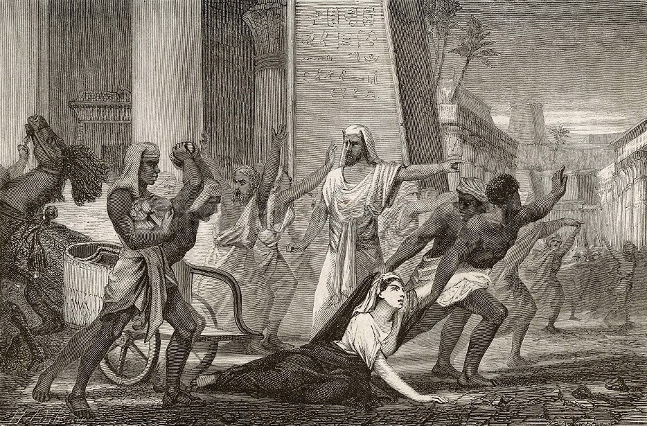 Rysunek z drugiej połowy XIX wieku przedstawiający śmierć Hypatii (domena publiczna).