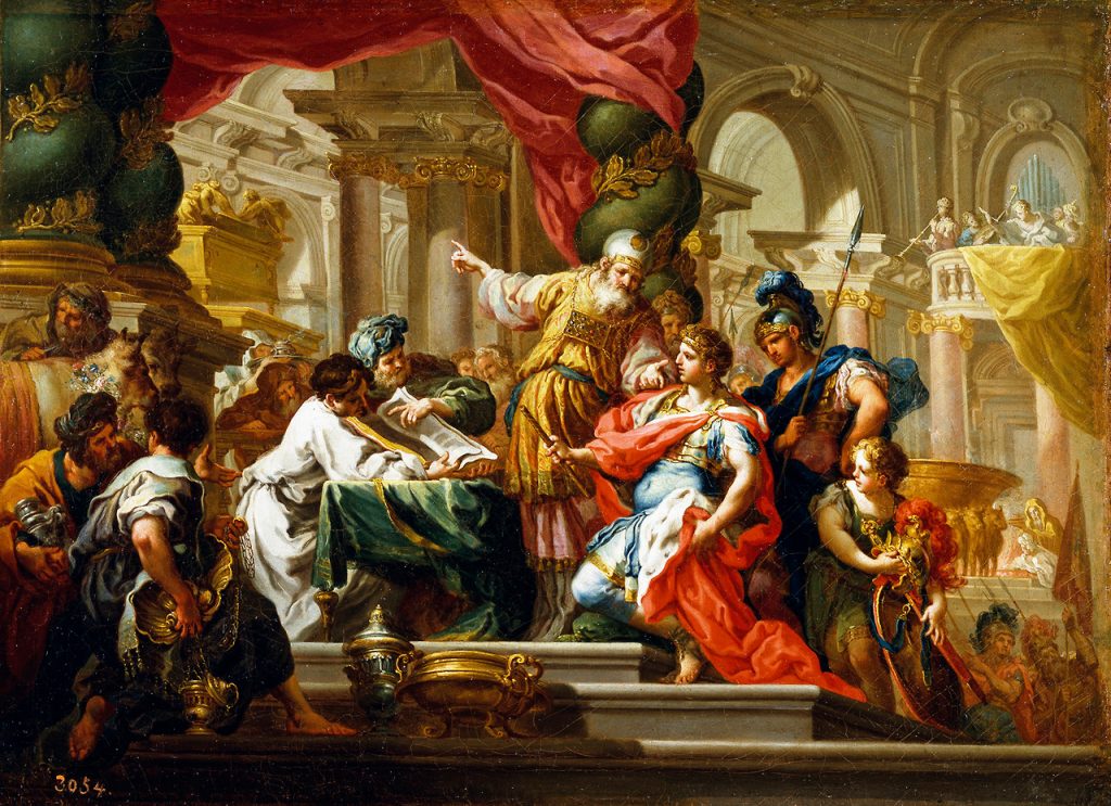 Aleksander Wielki w Świątyni Jerozolimskiej. Obraz pędzla Sebastiano Conca z ok. 1736 roku.