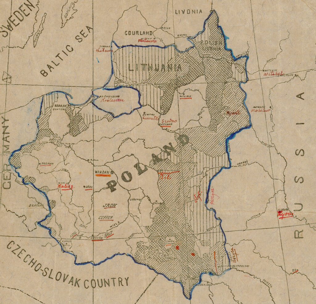 Proponowane granice Polski. Mapa nieznanego autorstwa z 1919 roku.