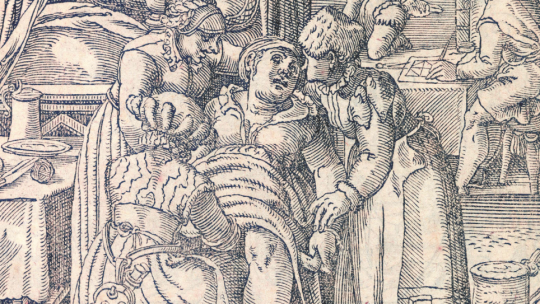 Rodząca kobieta na rycinie z końca XVI wieku.
