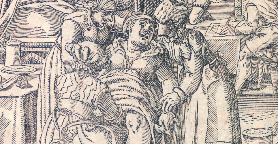 Rodząca kobieta na rycinie z końca XVI wieku.