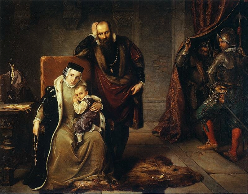 Zygmunt Waza na ramionach matki Katarzyny Jagiellonki. Obok stoi ojciec chłopca - Jan III Waza.