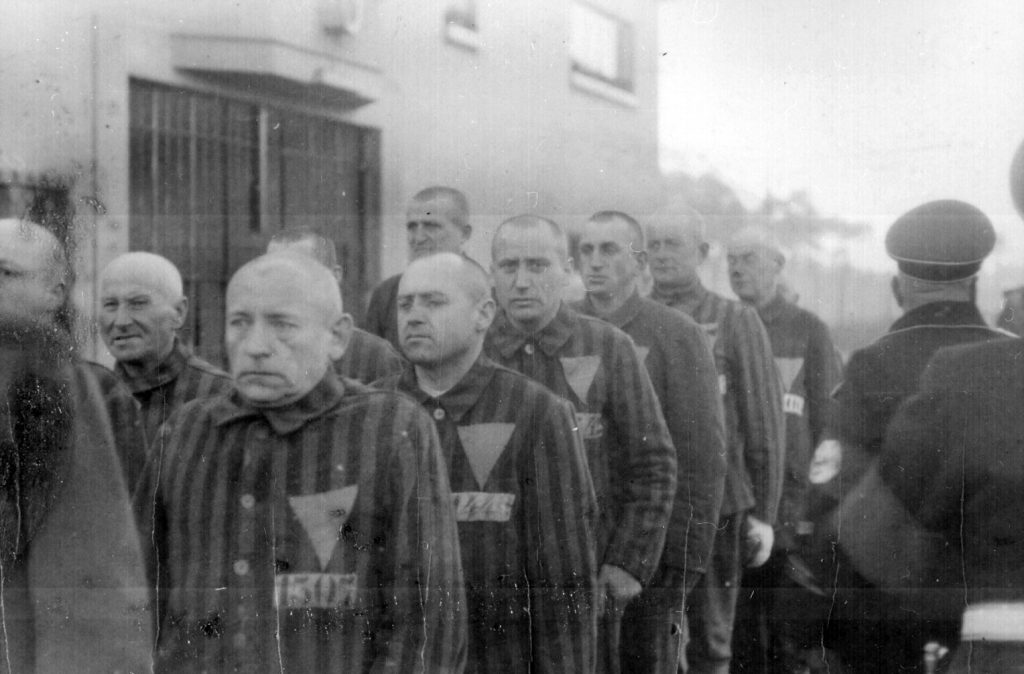 Jedną z grup prześladowanych w nazistowskich Niemczech byli homoseksualiści. Na zdjęciu więźniowie Sachsenhausen, z różowym trójkątem na piersi (Marion Doss/CC BY-SA 2.0).