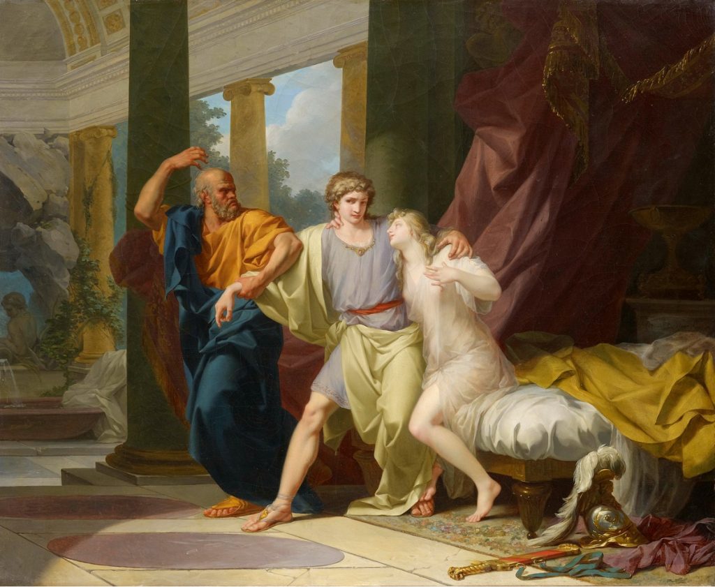 Sokrates wyrywa Alcybiadesa z objęc hetery Aspazji (Jean-Baptiste Regnault). 