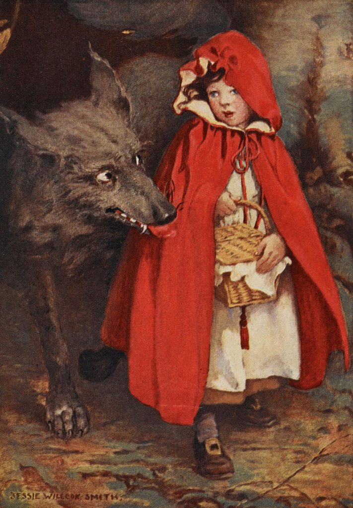 W najwcześniejszej wersji historii czerwonego kapturka wilk podał do zjedzenia nieświadomej dziewczynce mięso jej babci. A na dodatek skłonił ją do rozebrania się przed nim (Jessie Willcox Smith/domena publiczna).