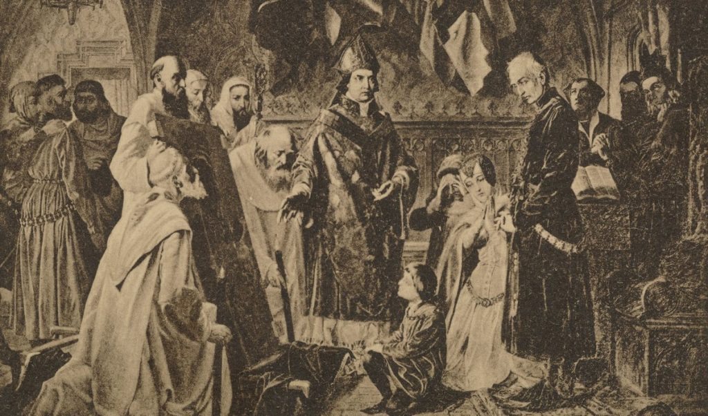 XIX-wieczny rysunek, na którym kardynał Oleśnicki pokazuje Władysławowi Jagielle obraz Matki Boskiej Częstochowskiej, rzekomo zniszczony przez husytów (F. Cynk/domena publiczna).