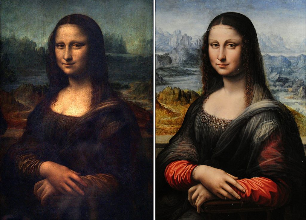 Oryginalna Mona Lisa Leonarda i po prawej jej jej odrestaurowana kopia z z muzeum Prado. Uważa się, że kopia powstała pod okiem samego Leonarda (domena publiczna).