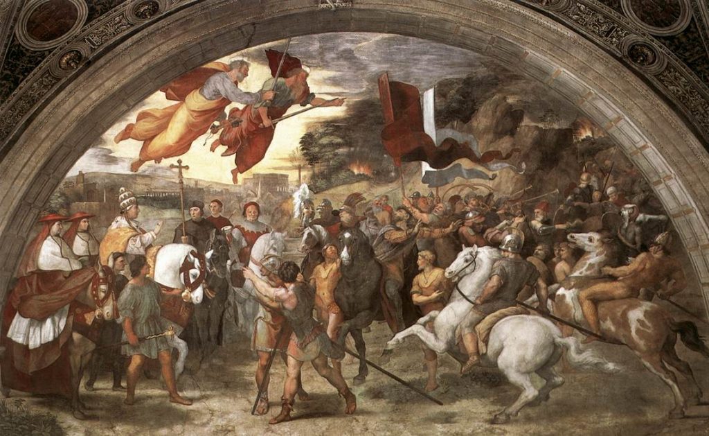 Spotkanie Attyli z  Leonem Wielkim na fresku Rafaela Santiego (domena publiczna).