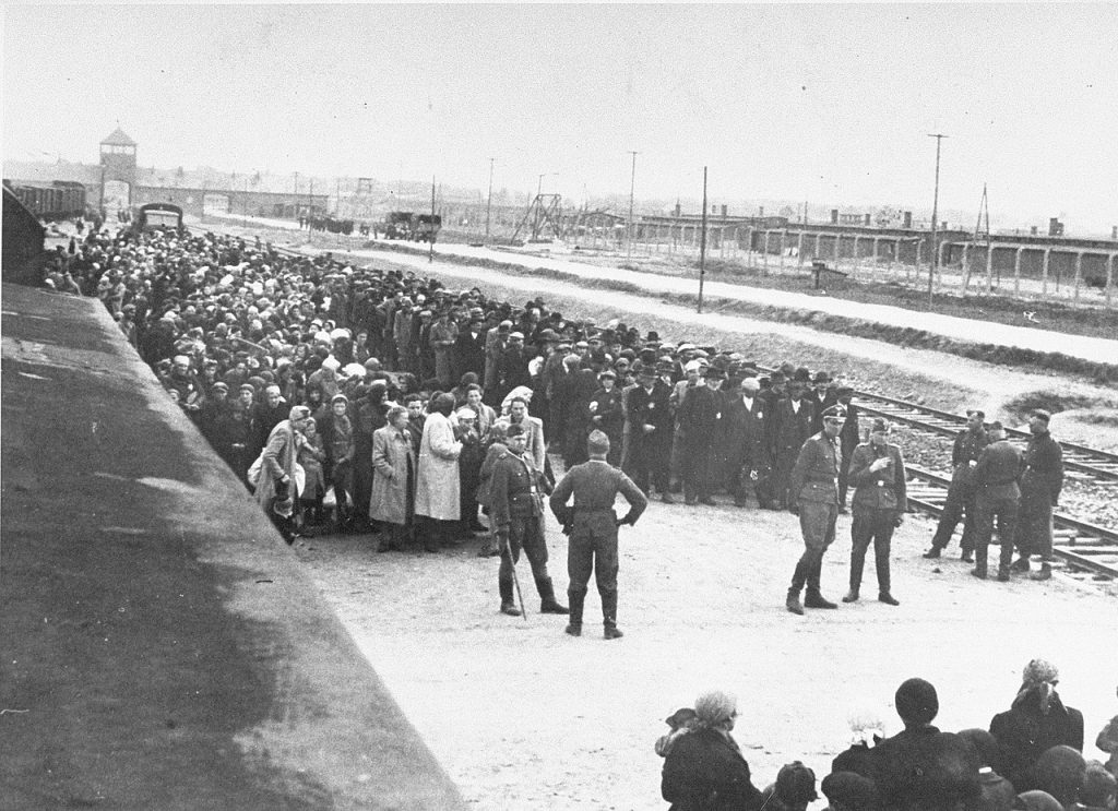 Eichmann twierdził, że jest gotów zamknąć Auschwitz-Birkenau jeżeli jego żądania zostaną spełnione. Na zdjęciu węgierscy Żydzi tuż o przybyciu do obozu. Maj 1944 (domena publiczna).