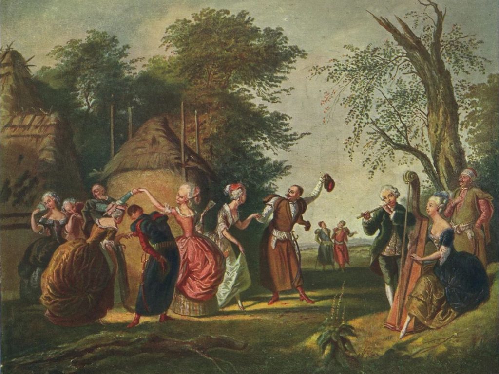 Szlachta również nie gustowała w wiosenno-letnich ślubach. Na ilustracji obraz Kornelego Szlegela Polonez pod gołym niebem (domena publiczna).