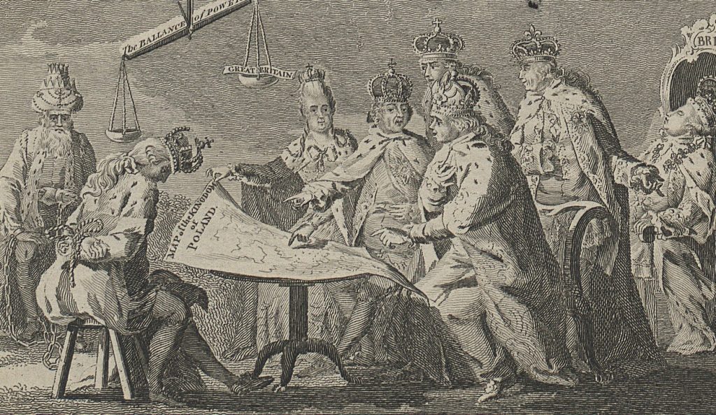 Angielska satyryczna rycina przedstawiająca sytuację w Europie w 1772 roku (domena publiczna).