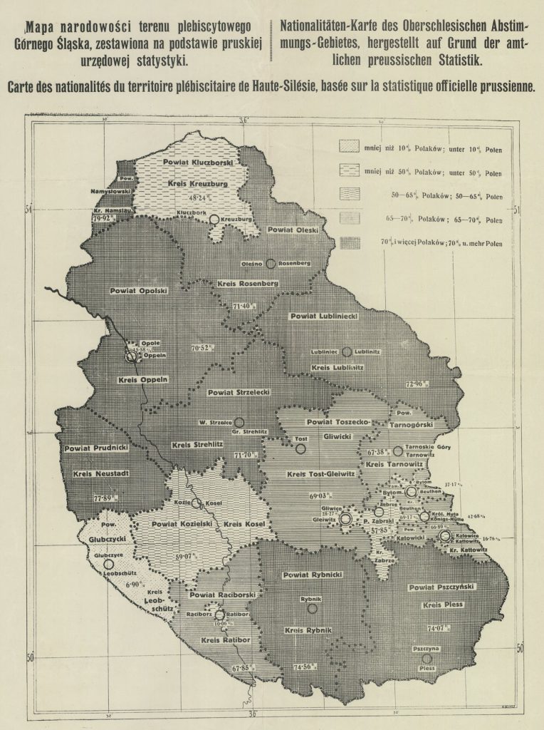 Mapa z 1920 roku przedstawiająca podział narodowościowy na obszarze plebiscytowym (domena publiczna).