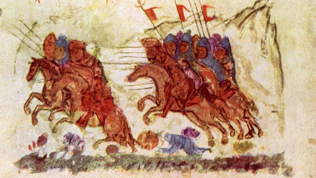 Wojska bizantyjskie gromiące Bułgarów. Ilustracja z XIV-wiecznej kroniki (domena publiczna).