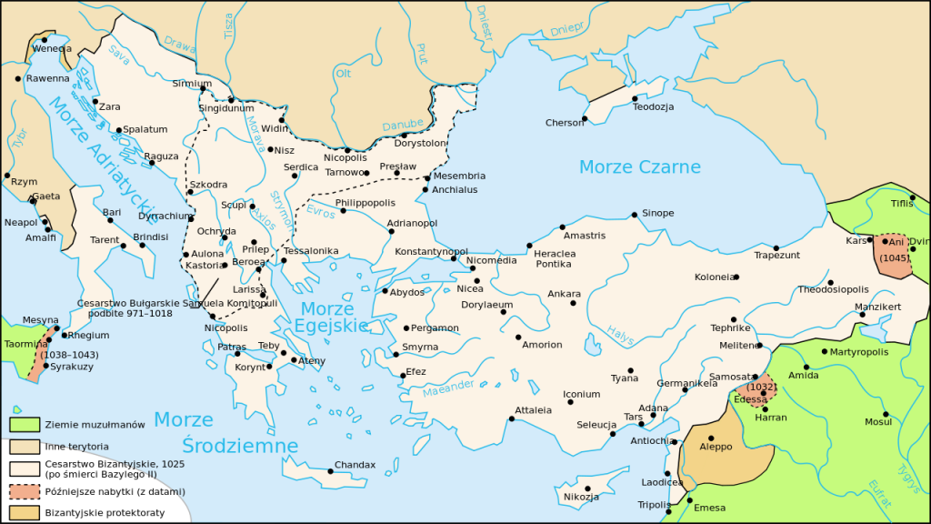 Zasięg Imperium Bizantyńskiego w 1025 roku (Cplakidas/CC BY-SA 2.5).