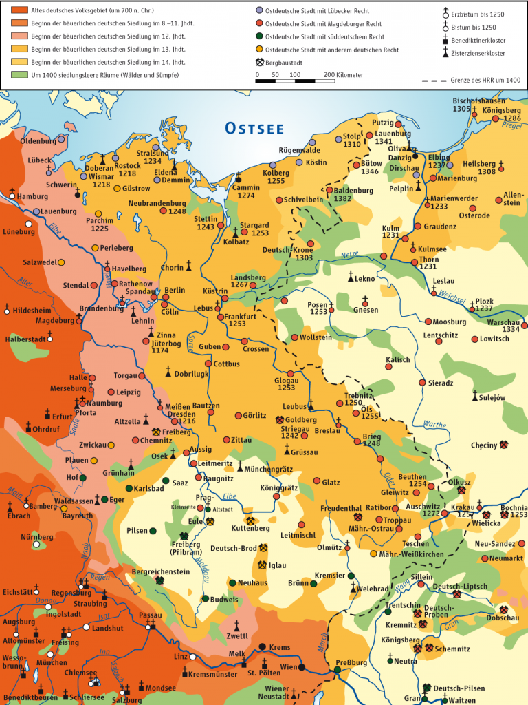 Zasięg niemieckiego osadnictwa na wschodzie (Ziegelbrenner/CC BY-SA 3.0).