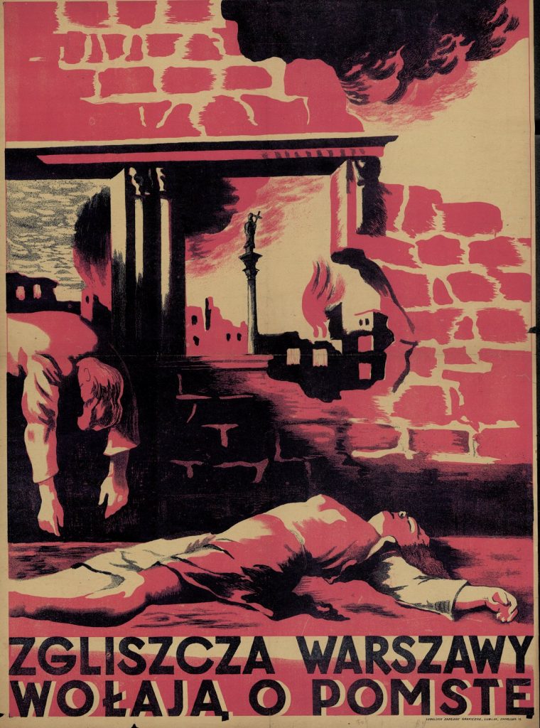 Komunistyczna propaganda wykorzystywała przeciwko AK między innymi tragedię powstańczej Warszawy. Na ilustracji plakat z 1945 roku (domena publiczna).