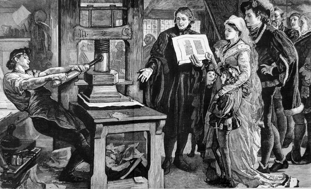 Późnośredniowieczny drukarz przy pracy. Tak przynajmniej wyobrażano to sobie w pod koniec XIX wieku (domena publiczna).