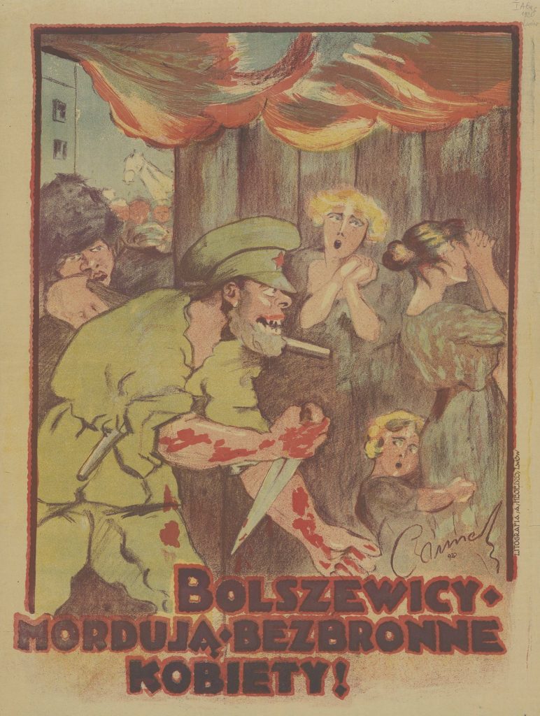 Polski plakat z 1920 roku, ostrzegający przed tym jaki los czeka kobiety z rąk bolszewików (domena publiczna).
