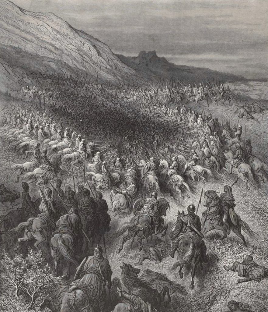 Bitwa pod Hittinem na XIX-wiecznym rysunku Gustave'a Doré'a (domena publiczna).