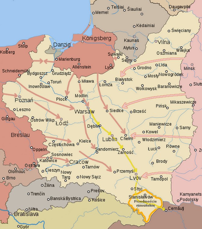 Mapa przedwojennej Polski z zaznaczonym przedmościem rumuńskim (Claude Zygiel/CC BY-SA 4.0).