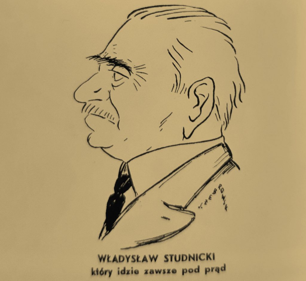 Rysunek przedstawiający Władysława Studnickiego z okładki "Merkuryusza Polskiego Ordynaryinego".  Styczeń 1936 roku (domena publiczna)
