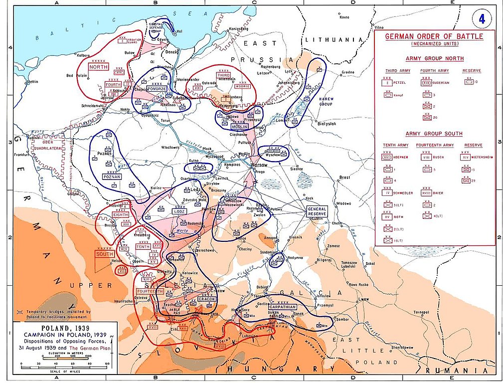 Rozlokowanie polskich i niemieckich sił 31 sierpnia 1939 roku (domena publiczna).