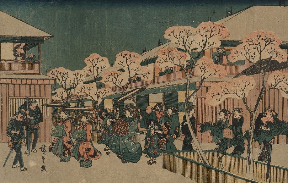 Kwitnące wiśnie w Yoshiwarze. Japońska grafika z połowy XIX wieku. 