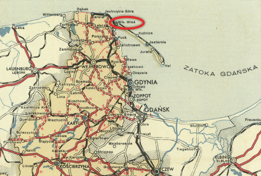 Lokalizacja portu Władysławowo na mapie samochodowej Polski z 1939 roku.