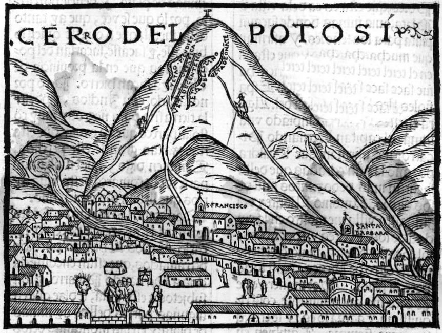 Rycina z 1553 roku przedstawiająca Cerro Rico. Widać na niej również usytuowane u jej podnóża miasto Potosi (domena publiczna).