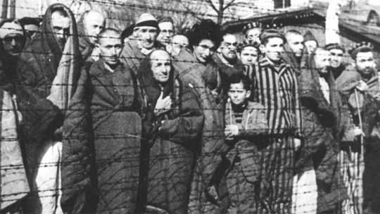 Więźniowie Auschwitz-Birkenau na zdjęciu wykonanym bezpośrednio po wyzwoleniu obozu.