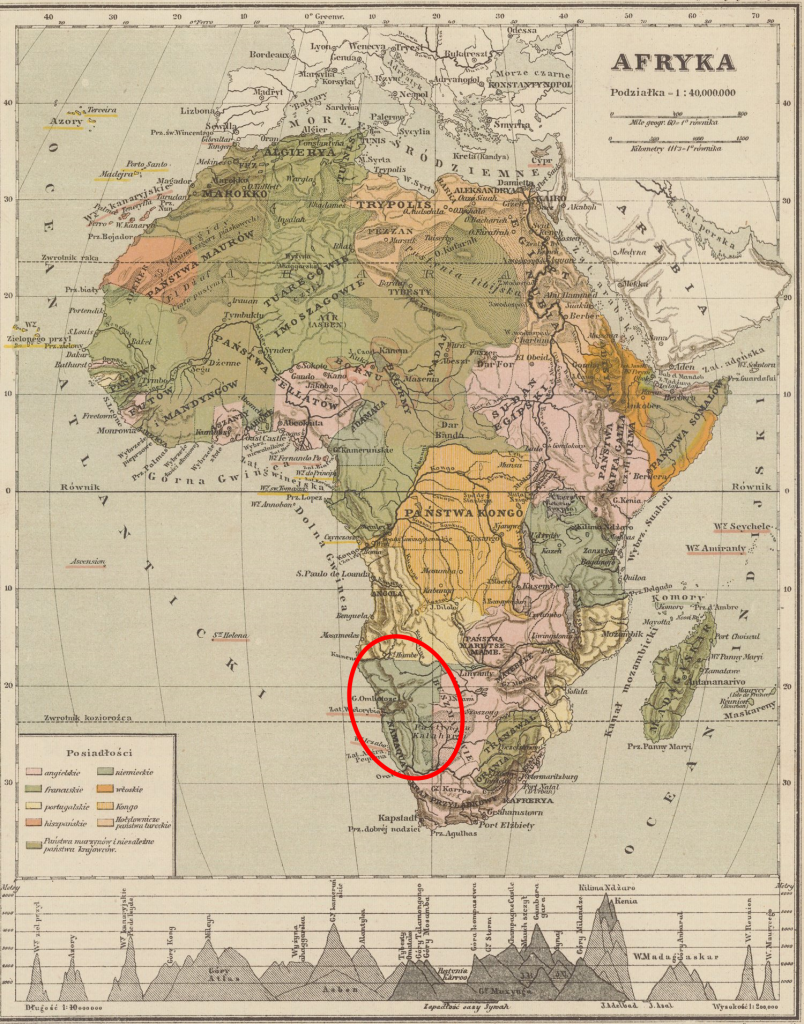 Mapa Afryki z początku XX wieku. Czerwonym kółkiem zaznaczona Afryka Południowo-Zachodnia (domena publiczna).