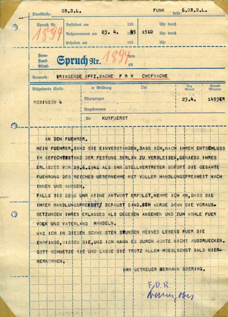 Telegram Göringa z 23 kwietnia 1945 roku. Zdjęcie z książki Ostatnie archiwa z bunkra (materiały prasowe).