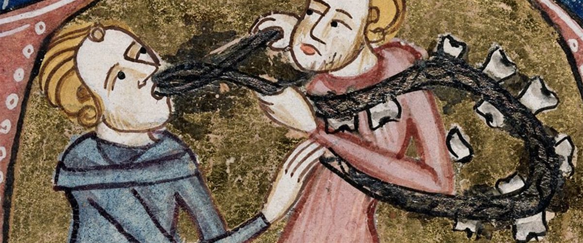 Dentysta ze sznurem zębów. Miniatura z XIV wieku.
