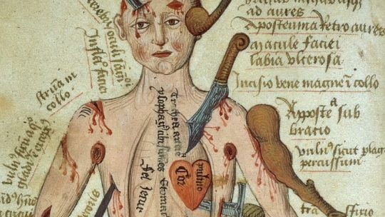 Sylwetka człowieka i zarys anatomi w traktacie wyjaśniającym sposoby leczenia ran