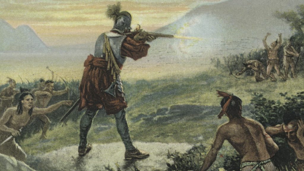 Bitwa z Irokezami na XIX-wiecznej rycinie.