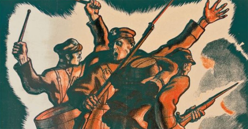 Żołnierze ruszający do boju na polskim plakacie z 1920 roku.