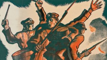 Żołnierze ruszający do boju na polskim plakacie z 1920 roku.