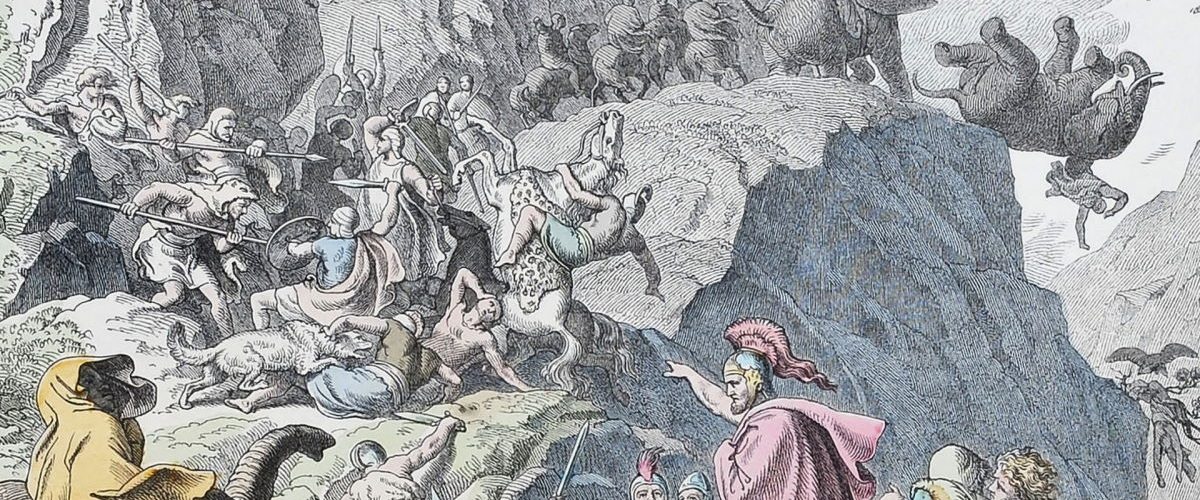Przeprawa Hannibala przez Alpy. Rycina Heinricha Leutemanna.