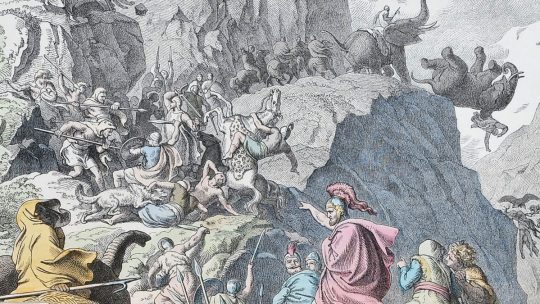 Przeprawa Hannibala przez Alpy. Rycina Heinricha Leutemanna.