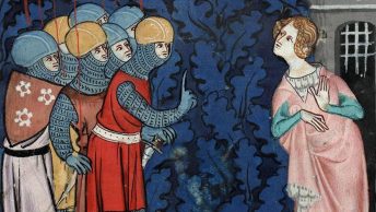 Dama i rycerze. Francuska miniatura z XIV wieku.