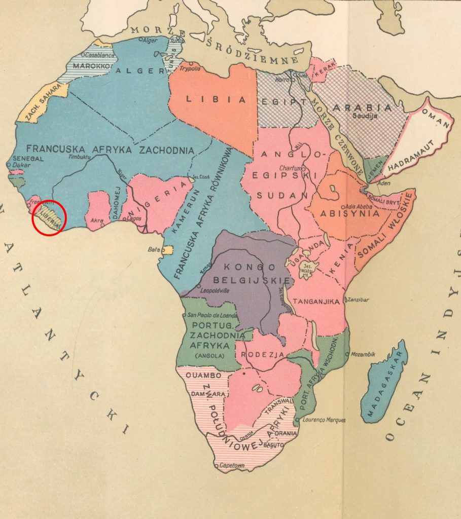 Mapa Afryki z lat 30. XX wieku. Liberia zaznaczona czerwonym kółkiem (domena publiczna).