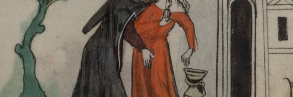 Napaść seksualna mnicha na bezbronną kobietę. Angielska miniatura z XIV wieku