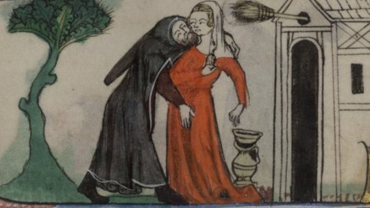 Napaść seksualna mnicha na bezbronną kobietę. Angielska miniatura z XIV wieku