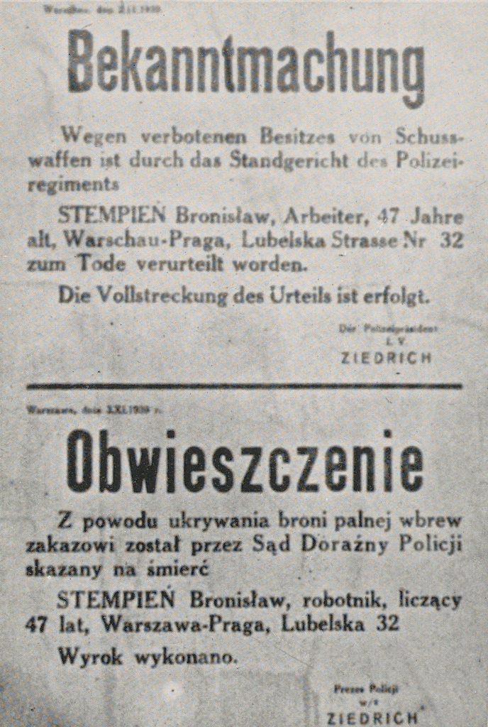 Obwieszczenie z 3 listopada 1939 roku o egzekucji Bronisława Stępnia rozstrzelanego przez Niemców za posiadanie broni (domena publiczna).