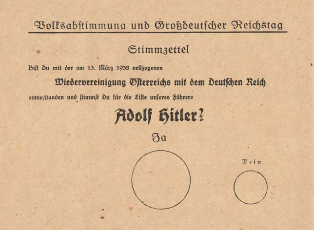 Karta do głosowania w referendum przeprowadzonym 10 kwietnia 1938 roku (domena publiczna).